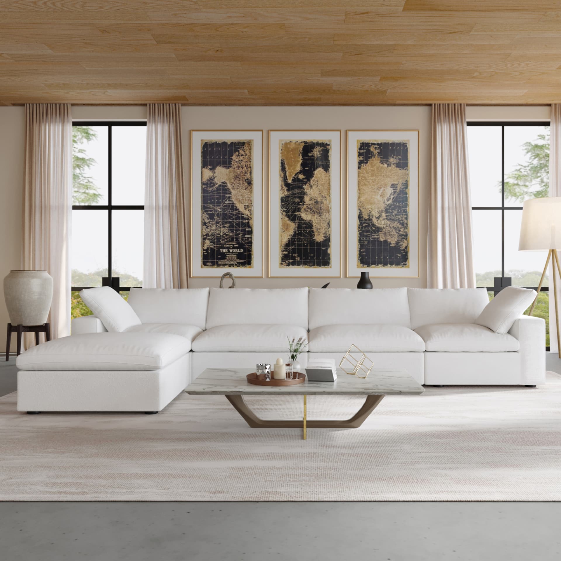 Ascend white modular sectional in a bright living room with floor-to-ceiling windows and large art